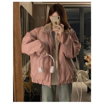 冬季美式復古粉色皮毛一體PU皮衣外套女夾棉加厚保暖機車棉服棉襖