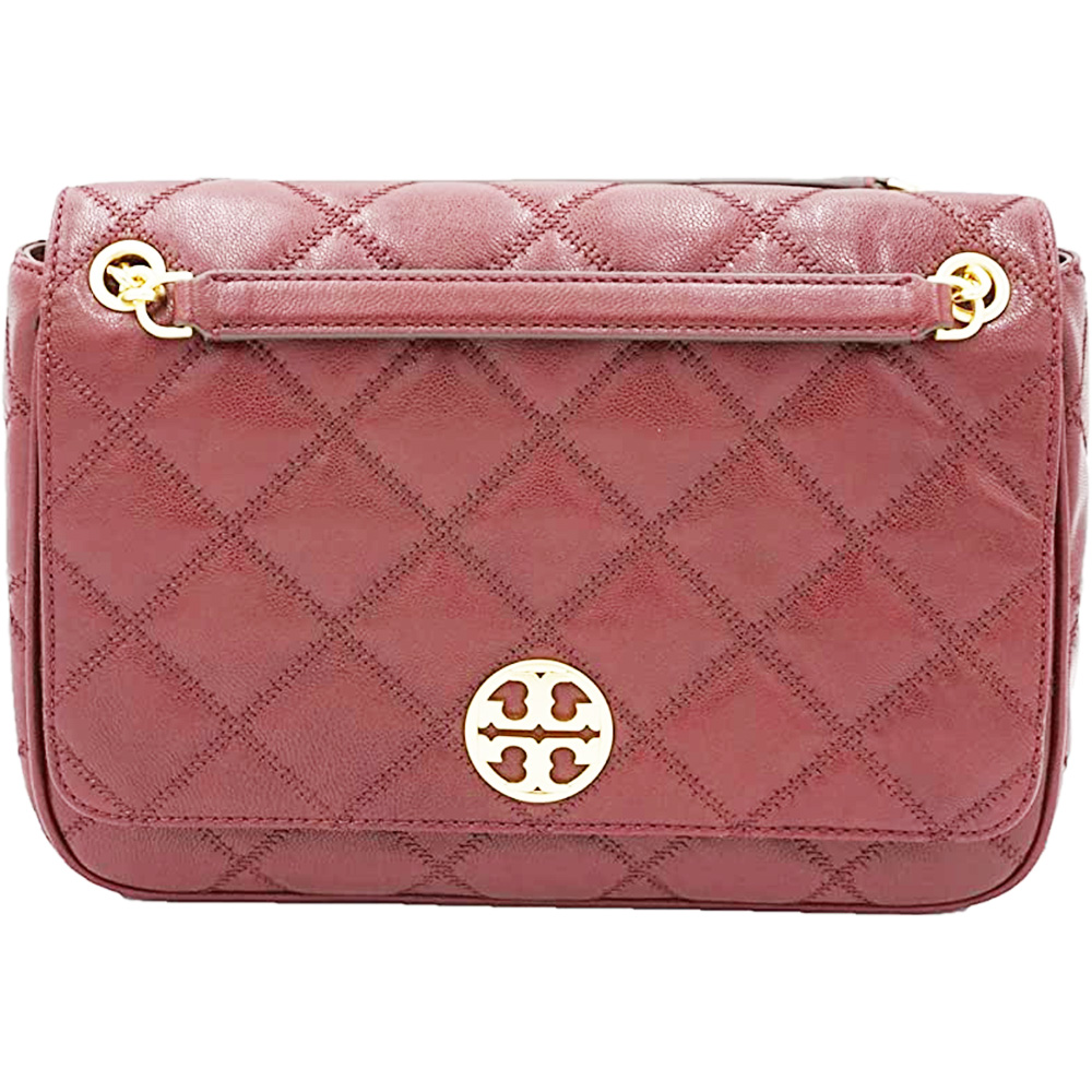 TORY BURCH - 菱格紋皮革翻蓋斜背鍊包 (珊瑚蜜桃色)