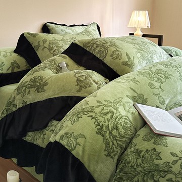 赫本風花邊牛奶絨床上四件套冬季加厚法蘭珊瑚絨被套床單笠三件套