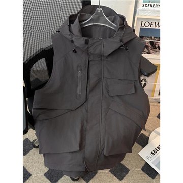 機能風多口袋連帽馬甲男生痞帥工裝背心坎肩外穿馬夾上衣寬松休閑