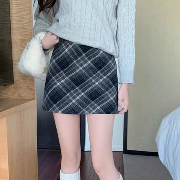 復古格子毛呢半身裙女秋冬新款高腰A字包臀裙梨形身材微胖MM 半身裙 A字裙 短裙 中長裙 傘裙 裙子 裙裝