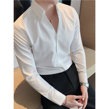 法式一片領白色打底V領發型師長袖襯衫男痞帥高級感加絨立領襯衣