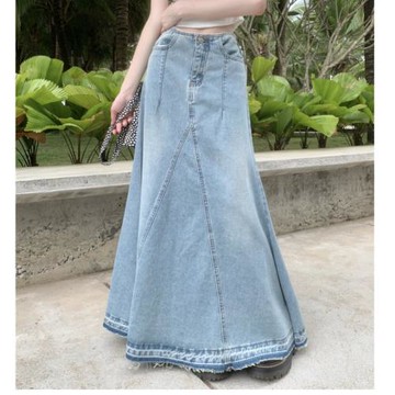 百搭高腰水洗淺藍色拼接流蘇A字裙顯瘦休閑牛仔大擺拖地長裙女