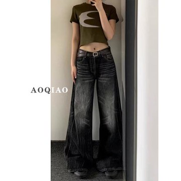 美式高街牛仔褲女直筒寬松春季大碼胖mm顯瘦高腰拖地闊腿喇叭褲子