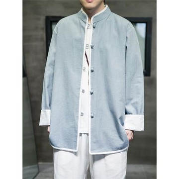 棉麻長袖襯衫外套秋復古中國風盤扣唐裝漢服禪意禪茶服中式上衣男