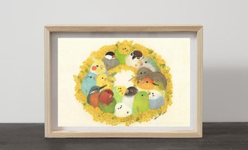 A4 含羞草花環插畫海報 : 水彩風景畫 虎皮鸚鵡 小鳥 野鳥