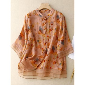 時尚拼接歐根紗苧麻襯衫女夏季洋氣減齡顯瘦立領棉麻襯衣氣質上衣