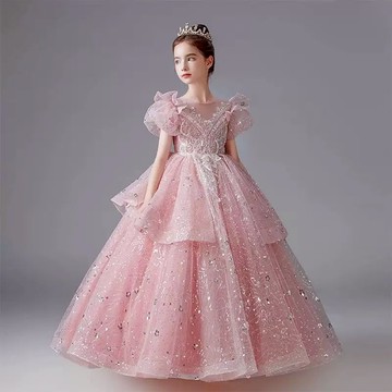 主持人女童禮服晚禮服蓬蓬裙高端兒童鋼琴演奏花童公主生日演出服