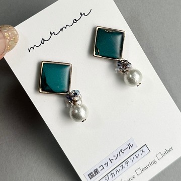 【現貨一件】藍綠色 酒精墨水藝術 方形耳環 醫療級不鏽鋼 國產棉珍珠 優雅 休閒 約會 外出 金色