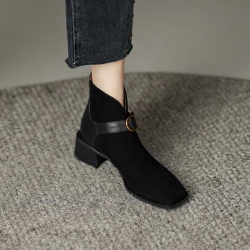 英倫風顯瘦磨砂皮粗跟女短靴復古方頭高跟瘦瘦靴皮帶扣真皮及踝靴