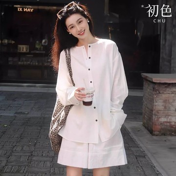 初色 棉麻風素色立領排扣長袖上衣女上衣+素色口袋休閒褲寬褲短褲套裝-白色-36527(M-2XL可選)