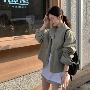 韓國chic春秋季翻領拉鍊設計寬鬆百搭長袖夾克衫機車服上衣外套女