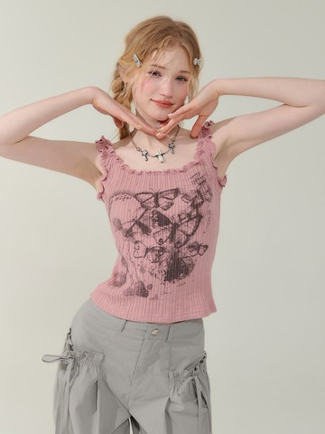 ziziFei夏季美式復古木耳邊紫色上衣蝴蝶印花外穿修身背心吊帶女