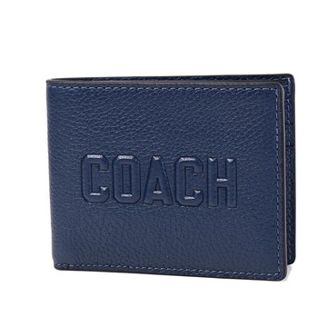 COACH 男款 荔枝紋浮雕LOGO六卡短夾-藍色