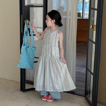 夏季新品上新   童裙  夏款女寶寶韓版森系吊帶裙子兒童直條紋小清新無袖洋裝