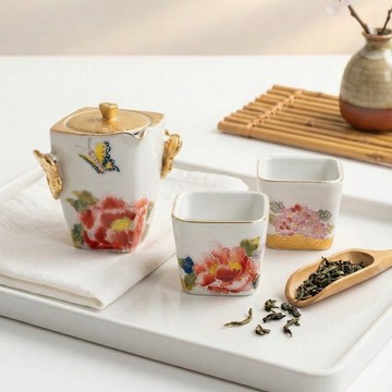 手工燒製・手繪金雲耳牡丹浮雕茶壺杯組・精裝禮盒