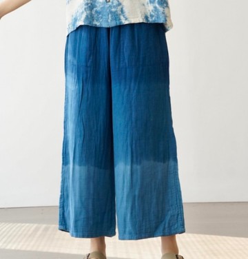 【棉麻手工藍染】 鬆緊腰雙色/顯瘦闊腿褲