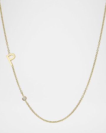 14k Gold Asymmetrical Initial and Bezel Diamond Necklace