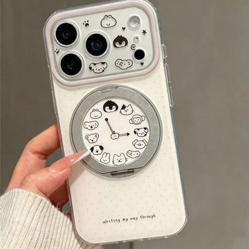 卡通可愛小動物時鐘適用蘋果17promax手機殼iPhone16pro旋轉一體摺疊支架15防摔14精孔13大視窗保護殼