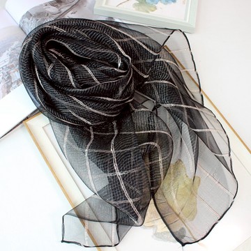 蓬松絲巾真絲雙層亮金絲條紋圍巾女春秋款裝飾披肩洋氣時尚秋冬季1入