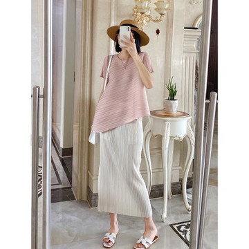 (免運)宅系~不規則純色高端褶皺上衣短袖夏季寬松遮肚中長款顯瘦t恤女