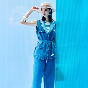 率性丹寧西裝背心+寬褲套裝/純棉_藍色【MON'S 流行服飾】