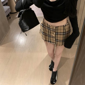 裙子 ✨韓系超短裙復古格紋高腰短裙防走光A字裙小個子辣妹顯瘦半身裙大碼女裝 10829