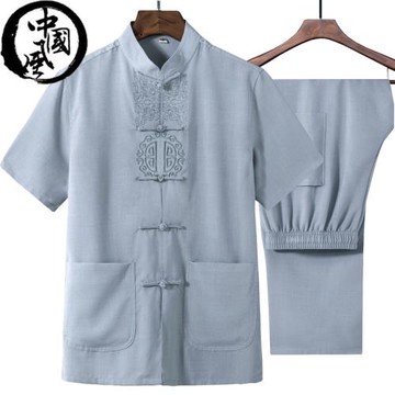 中國風夏裝棉麻短袖薄款唐裝兩件套男士中老年爸爸裝夏季亞麻套裝