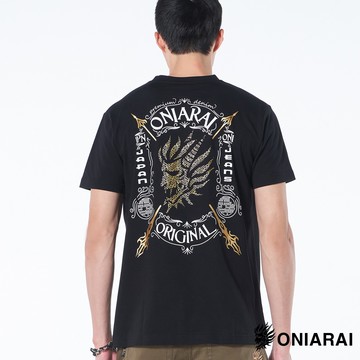 BLUE WAY 鬼洗 ONIARAI-日式幻境圖騰側鬼頭 圓領純棉短TEE(黑)