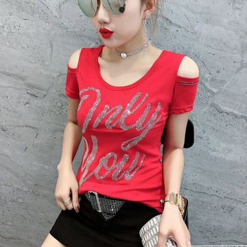 新款重工藝鑲鑽露肩性感美背顯瘦短袖T恤女上衣女T恤潮