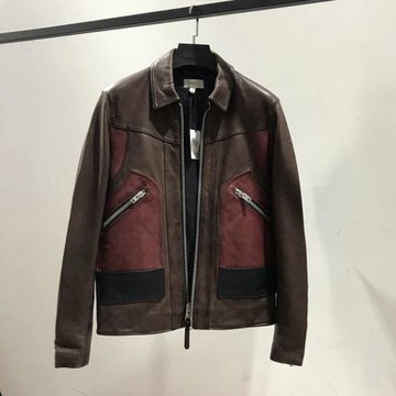 清倉特惠!復古蠟染意大利羊皮夾克春秋男款翻領拼色皮衣真皮外套