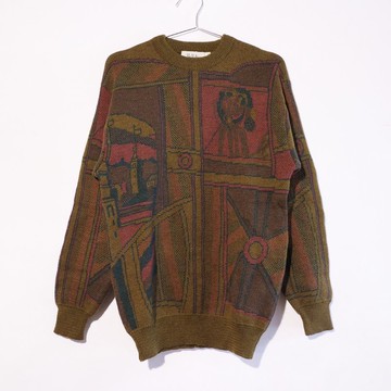 復古毛衣 古著毛衣 古著 毛衣 100% 純羊毛 景色針織 R00380
