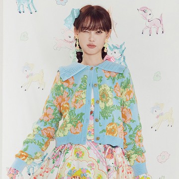 藍色花朵 復古提花針織開襟衫 微寬鬆