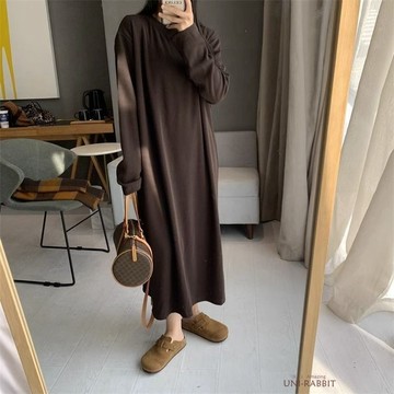 簡約坑條紋長袖連衣裙女秋冬大碼胖mm寬鬆顯瘦遮肚子休閒打底長裙女生睡裙 可愛睡裙 卡通睡裙 居家睡裙  休閒睡裙 寬鬆睡