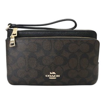 COACH 防刮撞色皮革雙層拉鍊手拿包(深咖x黑)大款