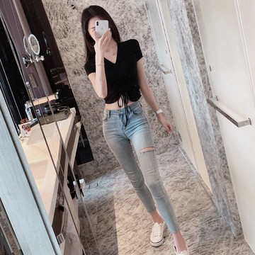 網紅破洞牛仔褲女夏季薄款高腰九分褲修身顯瘦韓版緊身小腳褲子潮