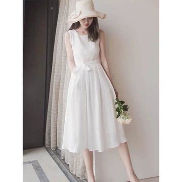 超仙優雅收腰系帶連衣裙2025秋新款甜美洋氣設計感白色背心裙女夏