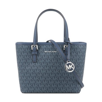 [平輸]Michael Kors 滿版圓形銀字Logo 塗層帆布小款托特包(海軍藍)