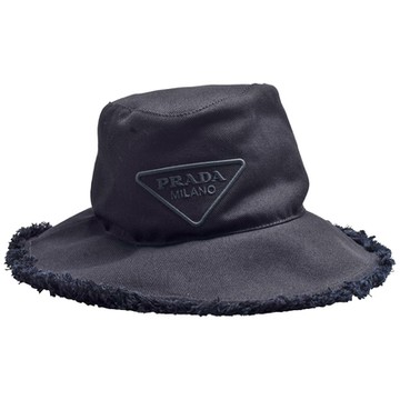 PRADA 普拉達 經典品牌三角LOGO斜紋帆布抽鬚遮陽帽(黑色)