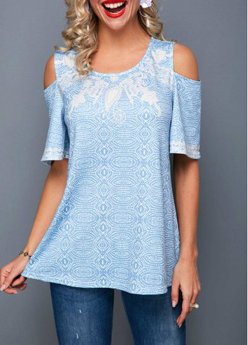 Round Neck Cold Shoulder Geometric Print T Shirt