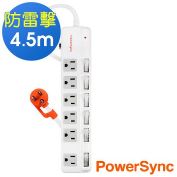 群加 PowerSync 六開六插防雷擊斜面延長線/4.5m(TPS366BN9045)
