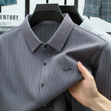 輕奢男士長袖襯衫春秋季新款中年爸爸裝商務休閑堅條紋襯衣上衣服