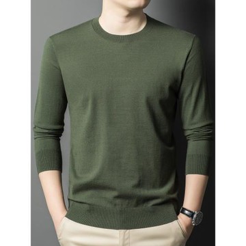 圓領男t恤春秋季純色簡約百搭針織打底體恤衫含羊毛休閑長袖內搭