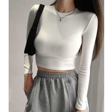 修身復古小圓領顯瘦短款長袖T恤