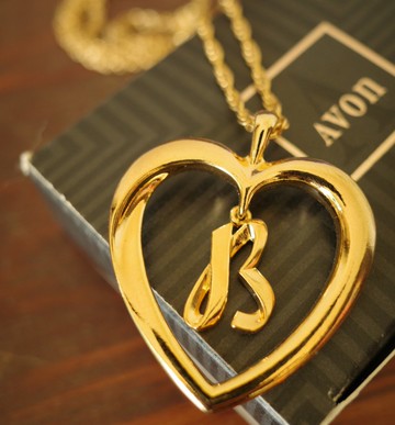 古董金色愛心字母B中長鍊 項鍊 AVON 1992年 T16