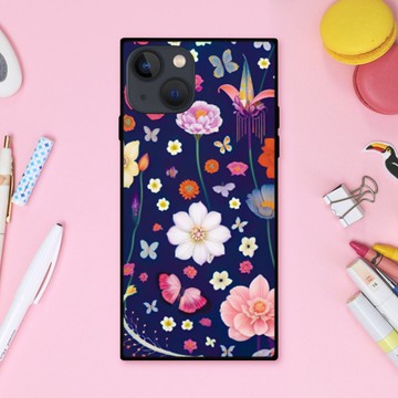 北歐繽紛鮮豔的花卉圖案與神秘飛舞的蝴蝶 方形手機殼【強化玻璃處理】iPhone16 適用