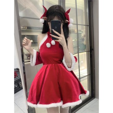圣誕節服裝女紅色金絲絨可愛性感變裝連衣裙cos圣誕套裝女仆裝