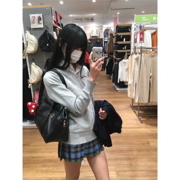 東京原創JK制服毛衣外套疊穿長袖上衣學院風V領淺灰色套頭針織衫