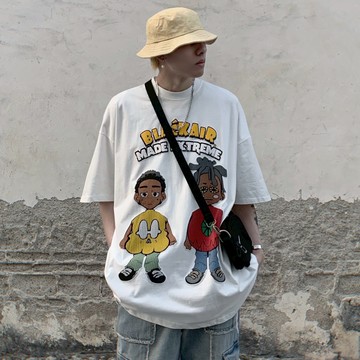 Mz 復古卡通人偶設計感刺繡短袖T恤男ins潮牌oversize休閑上衣潮