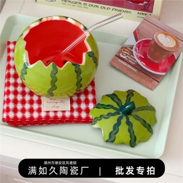 慢如舊-西瓜陶瓷泡面碗帶蓋湯飯碗大容量水果沙拉甜品高顏值可愛